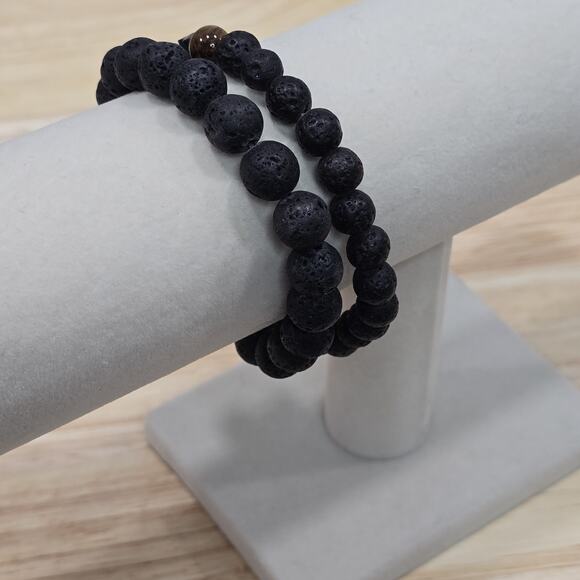 Lot of 2 Natural Volcanic Lava Stone Stretch Bracelet Essential Oil Diffuser - Picture 4 of 9